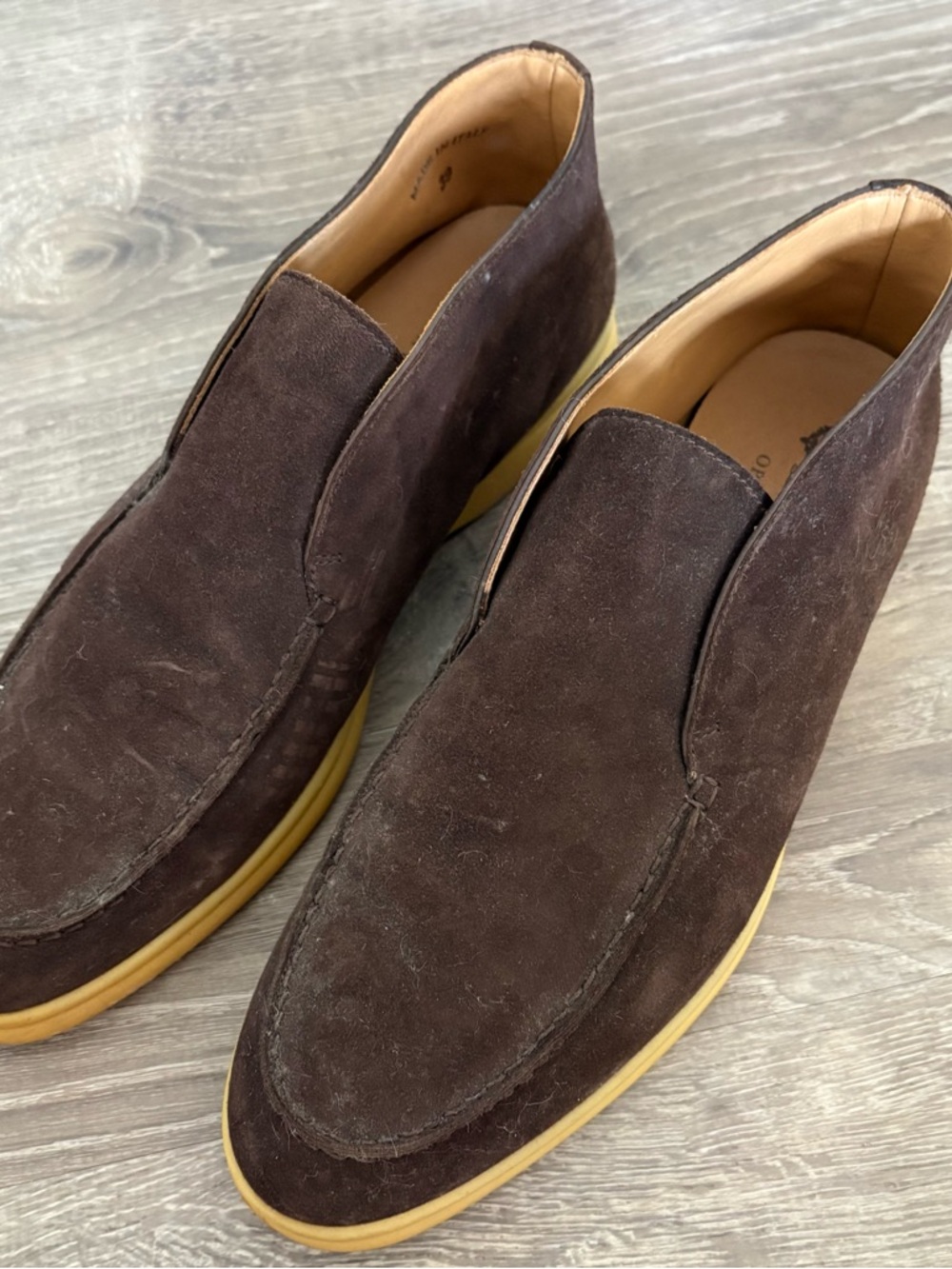 Loro Piana Dark Brown Suede Slip-On Walking Loafers with Tan Sole 39.